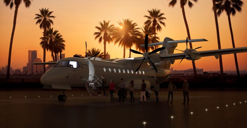 Heart Aerospace hybrid-electric demonstrator at sunset, surrounded by palm trees in LA